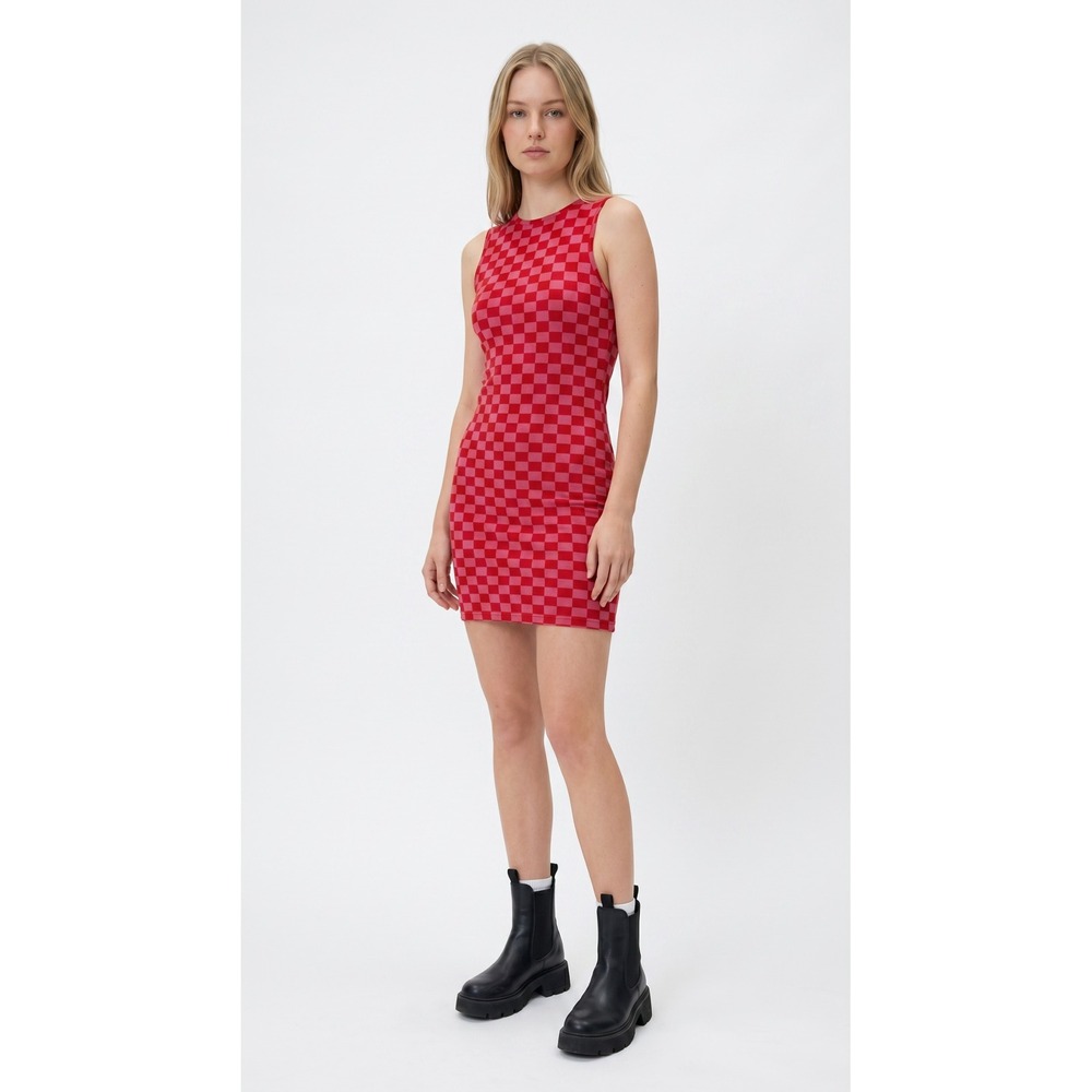 Nasty Gal Pink Red Checkered Mesh Bodycon Mini Dress Racerback Lettuce Hem US 10